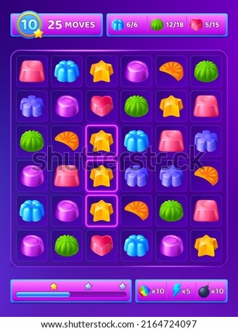 Match 3 game background with cute candy icons, buttons and assets for gui mobile phone app. Vector cartoon illustration of game match three with sweets signs Stockfoto © 