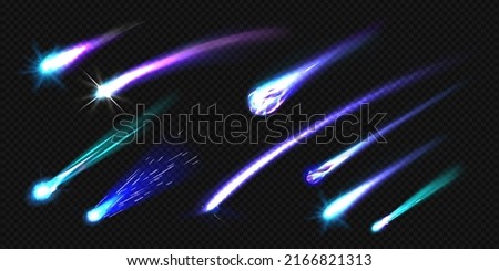 Flying comets, asteroids or meteors with flame trail isolated on transparent background. Vector realistic set of falling glowing meteorites from space, fireballs burning in Earth atmosphere