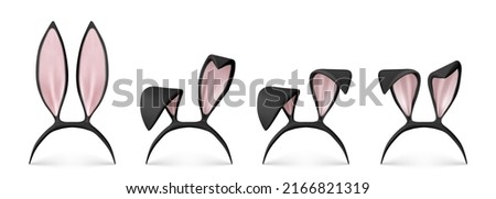Bunny ears headband realistic vector illustration. Black rabbit easter mask, cute hare costume with pink ears, 3D icons isolated on white background