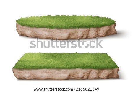 Land pieces with green grass realistic vector illustration. Trimmed round and square park or garden plots with soil and plants, perspective view isolated on white background