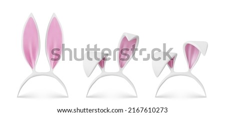 Bunny ears headband realistic vector illustration. White rabbit easter mask, cute hare costume with pink ears, 3D icons isolated on white background