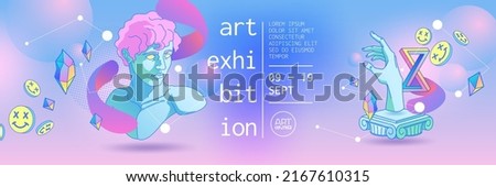 Trendy contemporary design for art exhibition poster. Vector horizontal banner of gallery or museum with creative collage with greek sculpture on gradient background