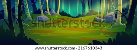 Deep forest landscape, cartoon vector illustration. Fairy tale or playful background, with murky forest thicket, glade with single ray of light, dark trees and stone, flying fireflies