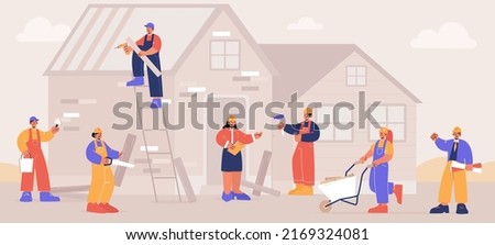Home renovation workers crew building or repair house. Repairman team finishing facade, builders apartment improvement or restoration works, professional service Line art flat vector illustration