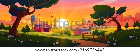 Summer countryside with farm barn, windmill, water tower and agriculture fields at sunset. Vector cartoon illustration of rural landscape of farmland with wooden shed, road and trees Foto d'archivio © 