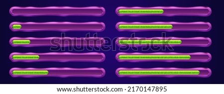 Game ui loading progress bars vector set, cartoon interface gui design elements. Status and resources scales of power with green toxic liquid and air bubbles in purple stripe, isolated 2d illustration