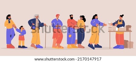 Volunteers feeding homeless people in shelter. Bums and beggars stand in queue for receiving food in emergency housing, temporary residence charity for paupers, Line art flat vector illustration