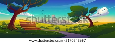 Summer suburban landscape with road, wooden bench and urban skyline. Vector cartoon illustration of green nature scene with hills and trees, blue sky, white clouds and city buildings in horizon