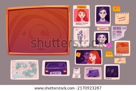 Detective board with evidences of crime. Police investigation plan. Vector cartoon set of cork pinboard, picture of suspect and missing people, car plate, fingerprint and map