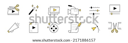 Video edition doodle icons vector set. Film, scissors, magic wand and camcorder. Sliders, loudspeaker, play button and reel. Pen with paper contract, arrow, music app and monitor