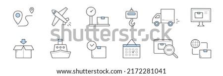 Delivery and shipping service doodle icons. Vector linear signs ship, open box, parcel, map pin, airplane, post scales, truck and hook, desktop, calendar and magnifying glass, international logistics