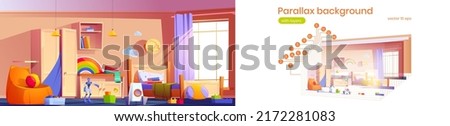 Parallax background kids bedroom for 2d game animation. Child room indoors with bed with pillows, cabinet, toys and bean bag chair, wooden furniture. Cozy vector interior for boy, separated layers
