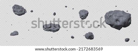 Stone asteroid belt realistic vector illustration. Meteor, space boulder or rock with craters flying in weightlessness isolated icon set on transparent background, various form