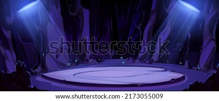 Ancient celtic round stone platform or game battle podium in night forest with light equipment. Vector cartoon illustration of woods landscape with trees and old abandoned sacred altar game background