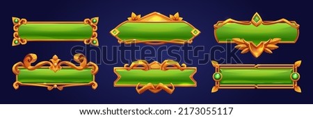 Game buttons with gold frames in medieval style with gems. Vector cartoon set of blank green rectangle banners with fantasy golden borders isolated on background