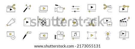 Video edition doodle icons vector set. Film, scissors, magic wand and camcorder. Sliders, key, loudspeaker, play button and reel. Pen with paper, arrow, briefcase, brush, music app, award and monitor