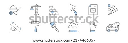 Construction and building doodle icons. Wheelbarrow with sand, crane, brick wall, trowel, palette and blueprint. Paint roller, paintbrush and triangle ruler, vector signs
