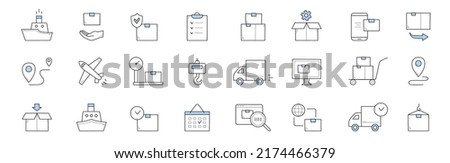 Delivery and shipping service doodle icons. Vector linear signs ship, hand with box, parcel, map pin, airplane, post scales, truck and hook. manual trolley, desktop, calendar and magnifying glass