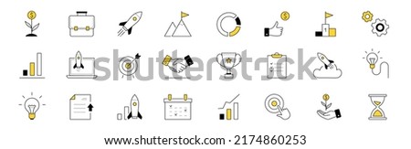 Doodle icons startup, project launch, business start up idea vector set. Rocket, money flower, briefcase and mountain peak with flag, gears, light bulb, calendar and handshake. Trophy, chart or graph
