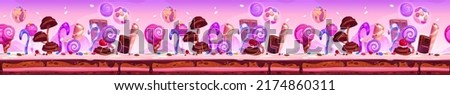 Candy planet cartoon game platform, seamless background. Arcade ui location with sweets, desserts, chocolate and lollipops. Horizontal landscape for computer game, fairy tale scene Vector illustration
