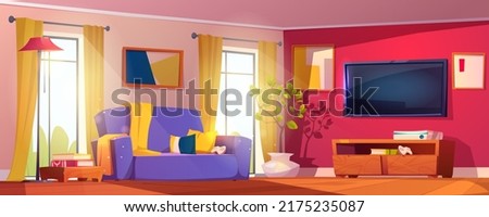 Living room interior with sofa, tv set and play console with joystick, potted plant. Vector cartoon illustration of lounge with coffee table, wooden floor and lamp. Big windows with sunlight or beam