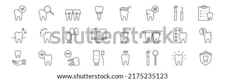Dentistry and stomatology doodle icons set. Vector linear signs, dental care and medicine Teeth, braces, paste and toothbrush, desktop with tooth, stomatological tools, caries treatment, oral health Foto d'archivio © 