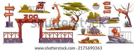 Zoo landscape elements, cartoon vector set, entrance with wooden arch, fence and african animals. Zoological park collection with wood arrows pointers on pole, pond with hippo and green plants