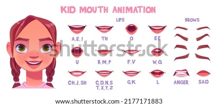 Kid mouth animation with different facial expressions. Little caucasian girl cartoon character lip sync sound pronunciation and phoneme, mouth talk and eyebrow movement chart, Vector illustration set.