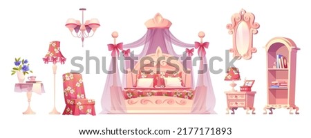 Pink bedroom, princess room furniture with floral pattern. Luxury interior elements, romantic vintage bed with canopy, floor and ceiling lamp, mirror, table and armchair, isolated cartoon vector set