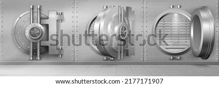 Bank vault with open and closed safe door. Vector realistic interior of room with round steel door and silver metal walls for safety storage deposits. Bank safe with dial lock