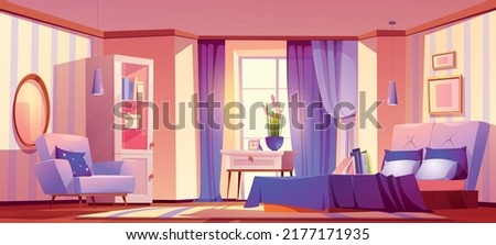 Pink bedroom interior with purple decor. Empty room with modern furniture, mirror, bed, armchair, table and cupboard. Feminine design for girl, hotel suit, apartment. Cartoon vector illustration