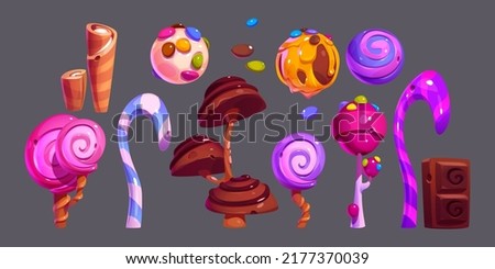 Fantasy sweets, candies, chocolate and waffle tubes for game ui design. Vector cartoon set of fantastic trees with cake pops, caramel and candy canes isolated on background