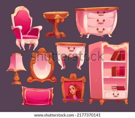 Pink princess room vintage furniture set. Vector cartoon illustration of luxury interior elements, antique or baroque style dressing table, mirror, chair, bookcase and girl portrait