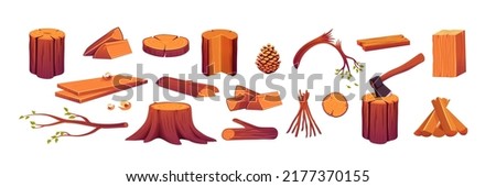 Set of woods, wooden logs, round slices, axe in stump, tree branch, cut trunk and pine cone isolated design elements. Circular log pieces, manufactured planks, campfire, Cartoon vector illustration