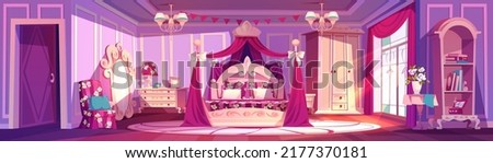 Princess bedroom in royal house, palace or castle. Vector cartoon illustration of luxury room interior with bed with canopy, mirror, chair, wardrobe, pink curtains and bookcase