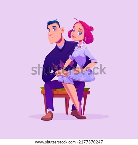 Couple young man and woman sitting on chair. Girl sit on male knees posing for camera, boyfriend and girlfriend characters dating, sfamily pend time together, loving pair, Cartoon vector illustration