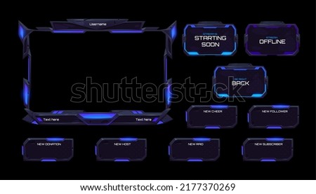 Space stream overlay, mmo game menu, neon ui frame. Streaming screen, gamer username panels and buttons. Template for esport, online live video, digital user interface glow borders, vector set