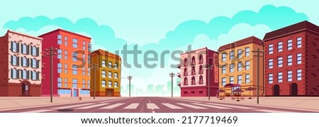 Urban street landscape with empty road and electric poles, buildings with hotel or small shop, cafe and restaurant cartoon vector background, town poster with city skyline, perspective view
