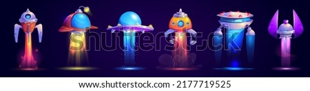 Alien spaceship game icons vector set. Funny flying rockets, ufo shuttles cartoon collection illustrations isolated on white background. Fantasy cosmic objects, computer game graphic design elements