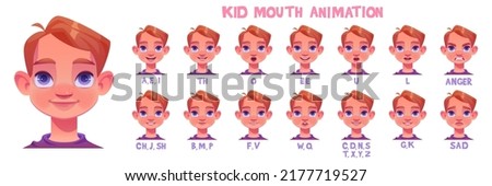 Kid mouth animation with different facial expressions. Little caucasian boy cartoon character lip sync sound pronunciation and phoneme, mouth talk and eyebrow movement chart, Vector illustration set.