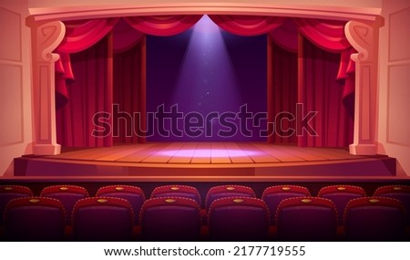 Theater stage with red curtains, spotlights and empty seats rows. Theatre interior with wooden scene with luxury velvet drapes, music hall, opera, drama cartoon background, Vector illustration