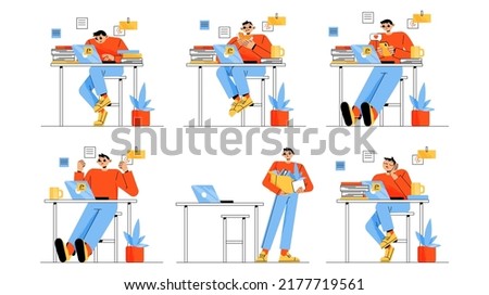 Man work with laptop in office. Concept of job, procrastination, deadline, dismissal. Vector flat illustration of workplace with employee character busy, eating, sleeping and fired