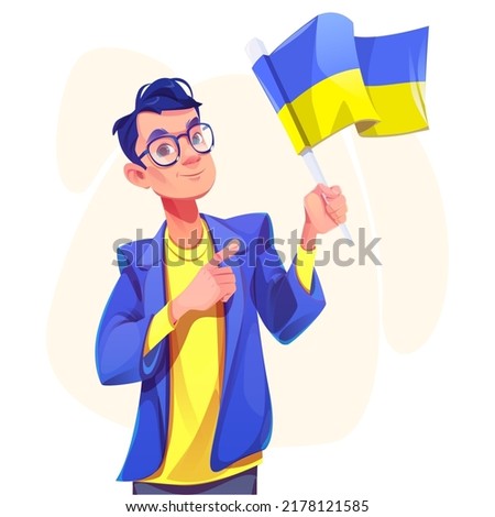 Man with Ukrainian flag, male character pointing with index finger on Ukraine national country symbolic. Cartoon male character patriot, freedom, patriotism, independence concept, Vector illustration