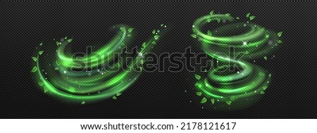 Abstract wind swirls with green leaves and sparkles isolated on transparent background. Vector realistic illustration of air vortex and wave with flying mint leaves