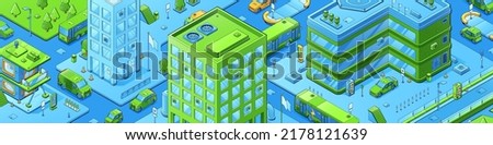 Isometric city, modern metropolis town with skyscraper buildings, transportation, business center, mall and residential area. Taxi cars and commuter transport on street 3d vector line art illustration