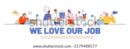 Office job banner with people employees on workplace. Vector poster of company team with flat illustration of worker characters busy, sleep and meeting near water cooler