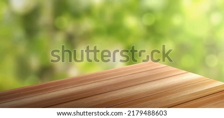 Wooden table corner perspective view on green blurred background. Wooden surface of desk, brown outdoor tabletop angle for products display, presentation, advertising, Realistic 3d vector illustration