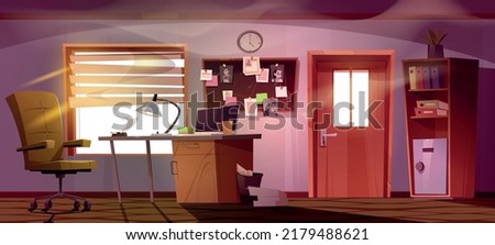 Detective office interior in noir style, police workplace cabinet with cigarette smoke, laptop on desk, safe, board with evidences of crime. Investigation bureau room, Cartoon vector illustration