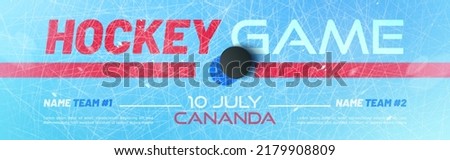 Hockey game banner with puck and red lines on ice rink. Vector poster template, invitation flyer to sport match with background of stadium or arena ice field surface