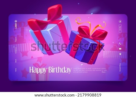 Happy birthday cartoon landing page with wrapped gift boxes, festive promotion with presents for customer, surprise for client, sale or coupon for shopping, party invitation, Vector web banner
